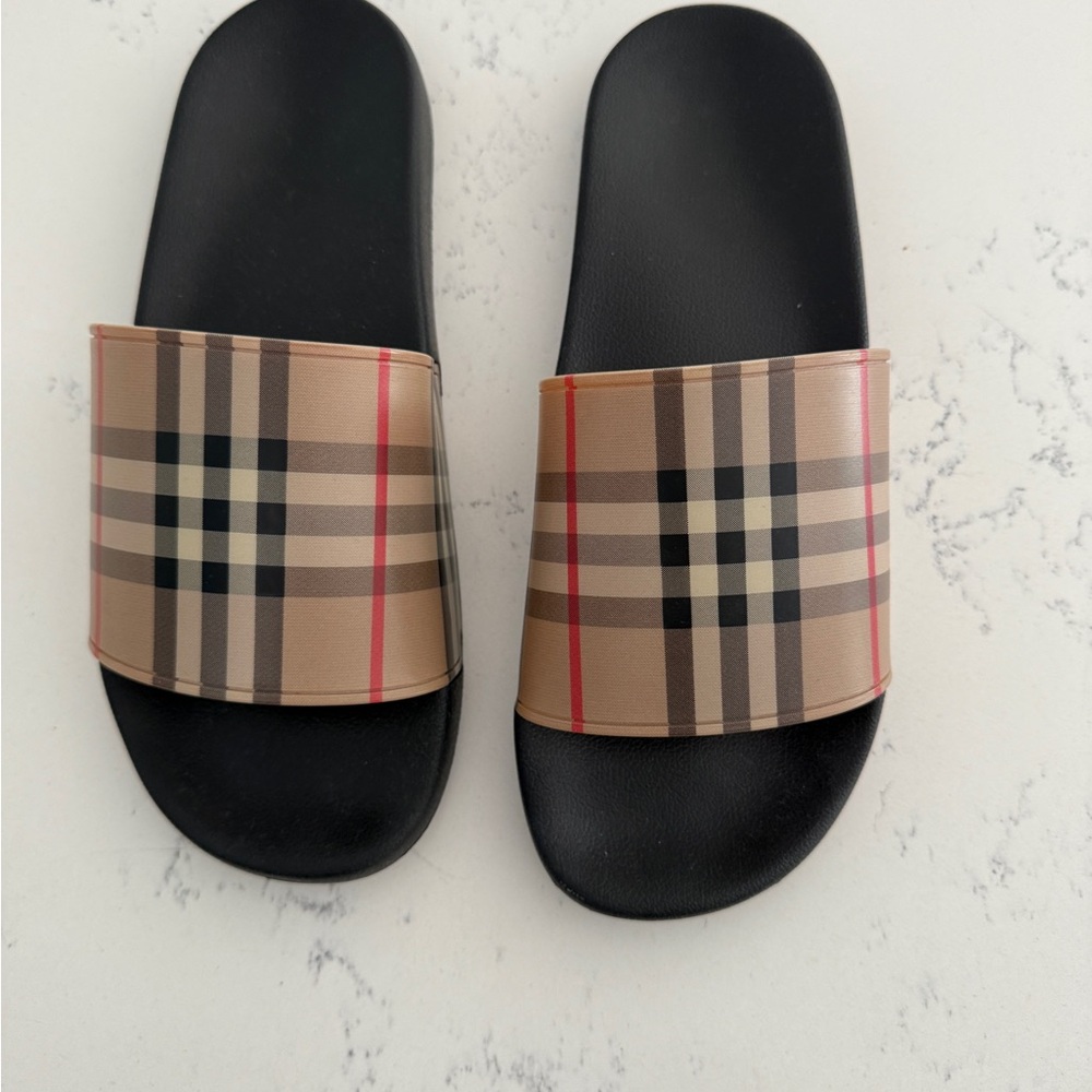 Burberry Black and Tan Plaid Slides